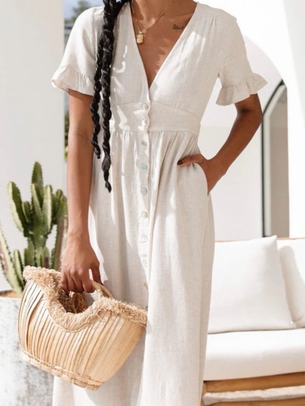 Petal & Pup Light Cream Button-Front V-Neck Maxi Dress